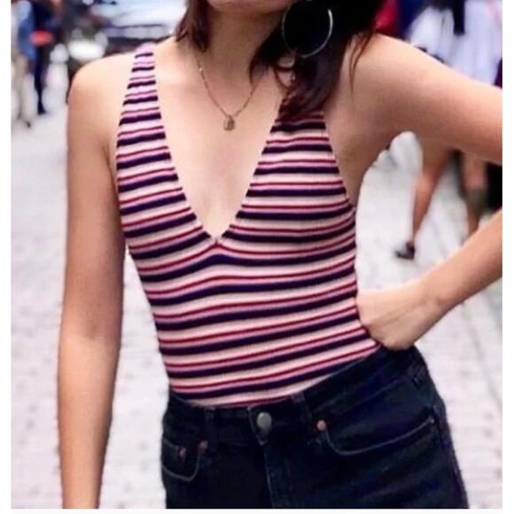 Reformation Bodysuit Red Blue White Stripe Top Womens Small - Picture 1 of 11